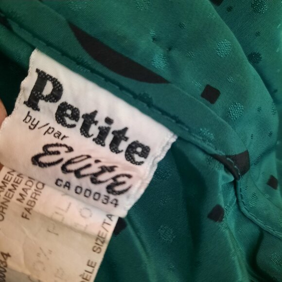 Vintage 80s Secretary Blouse Green Swirl Pattern Tie Neck Long Sleeve Petite M - Picture 8 of 9